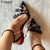Stylish Black Shallow Metal Crystal Sandals Thin High Heel  Ankle Buckle Strap