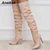Pointed Toe Thin Heel Over Knee Boots Flock Splicing Side Zipper Chelsea Boots
