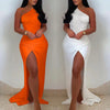 New Elegant Solid One Shoulder High Split Thigh Ruched Maxi Floor Dress White Sexy Corset Asymmetric Party Robes