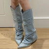 Pleated Blue Denim Thigh High Cowboy Boots