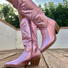 GOGD Cowboy Pink Cowgirl Boots For Women Zip Embroidered Pointed Toe Chunky Heel Mid Calf Western Boots Shinny Shoes