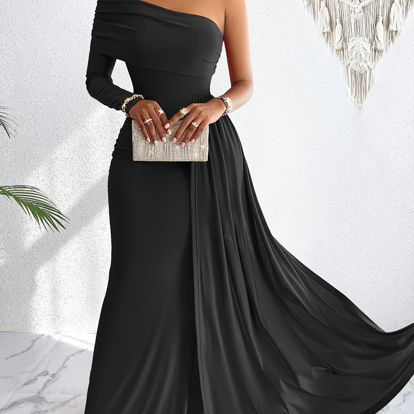long sheath dress One-shoulder Sheath Elegant Long Sleeve Slim Maxi Dress – Nellie's Way Beauty, Inc