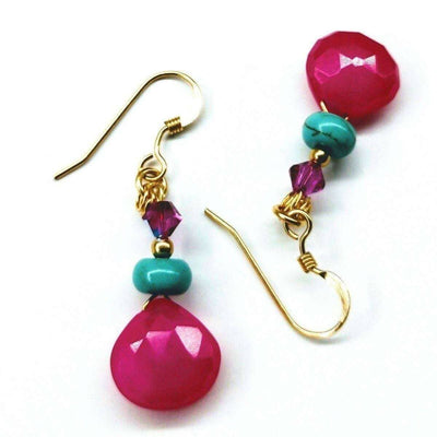 14 KT Gold Filled Wire Wrapped Pink And Turquoise Drop Gemstone Earrings by Alexa Martha Designs