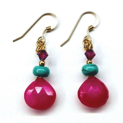 14 KT Gold Filled Wire Wrapped Pink And Turquoise Drop Gemstone Earrings by Alexa Martha Designs