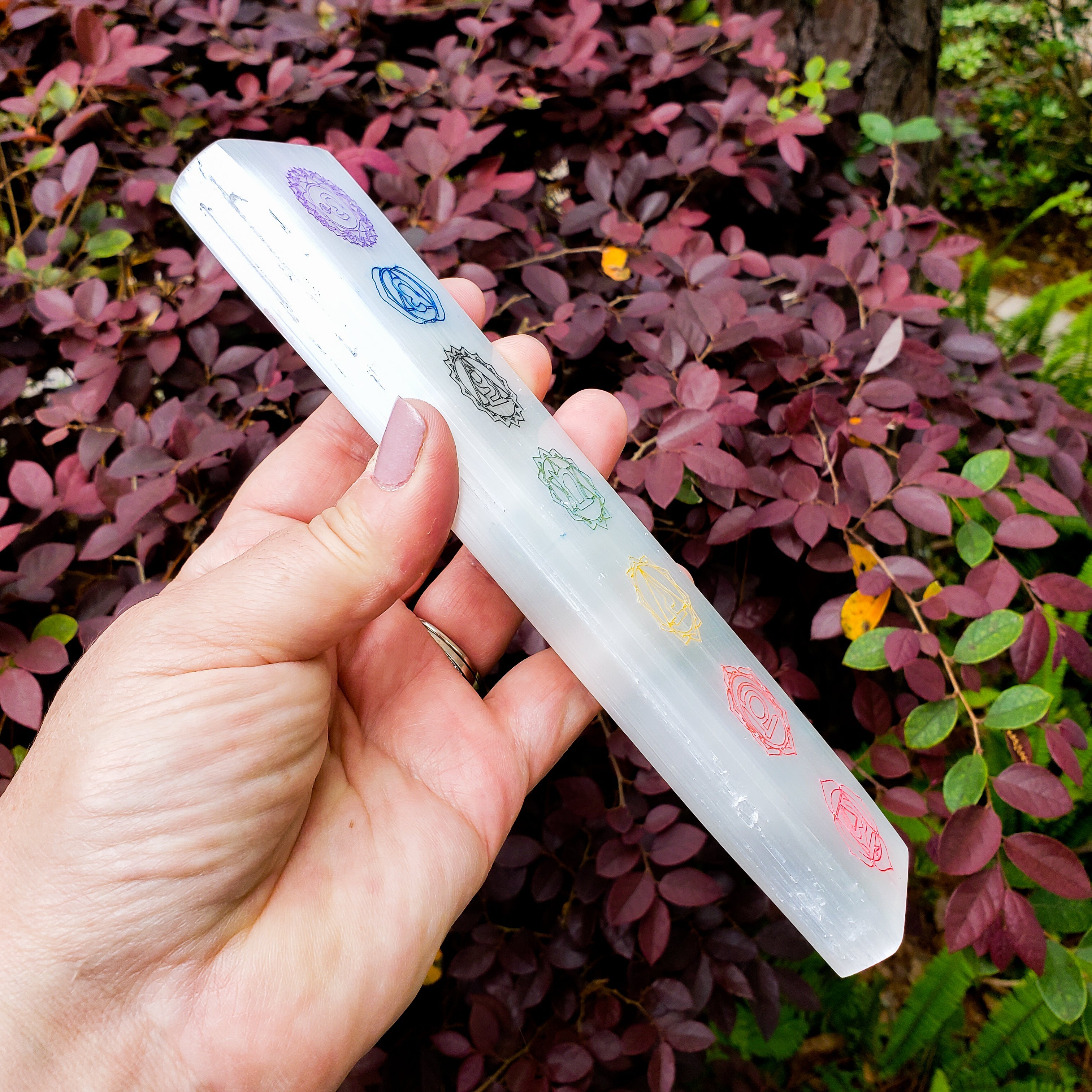 7 Chakras Color Laser Engraved Selenite Bar by Whyte Quartz