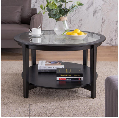 Modern Solid Wood Round Coffee Table With Tempered Glass Top by Blak Hom