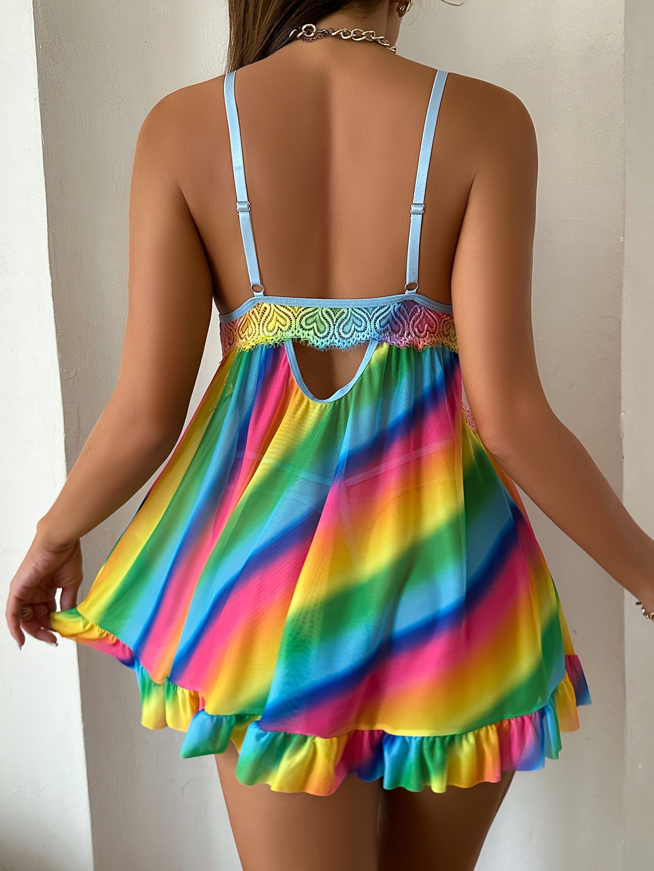 Elegant Rainbow Lace & Mesh Slip Dress Set with Front Closure - Includes Thong