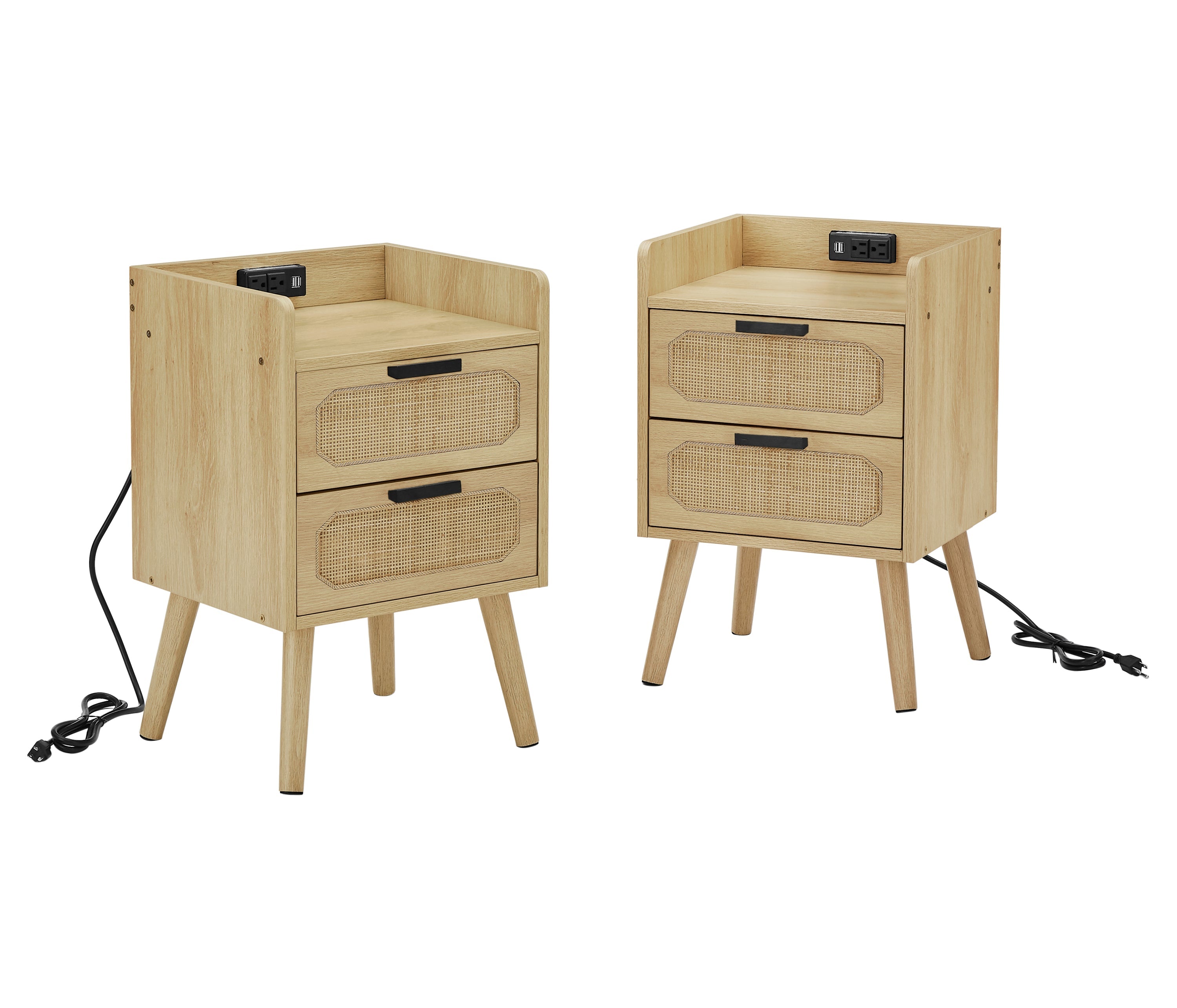 Set of 2 Natural Rattan Nightstands With 2 AC outlets and 2 USB ports by Blak Hom