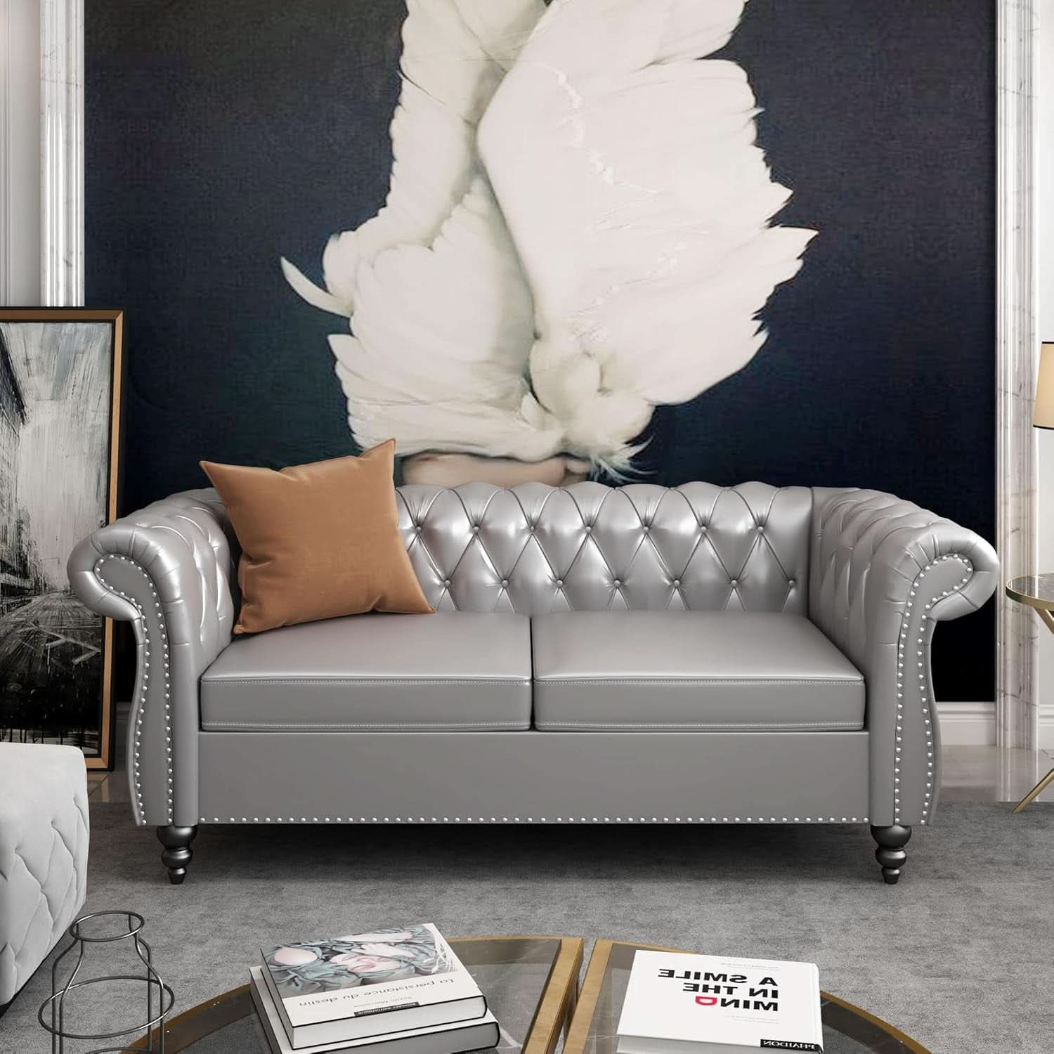 Grey Chesterfield Leather Living Room Set With Scroll Arms