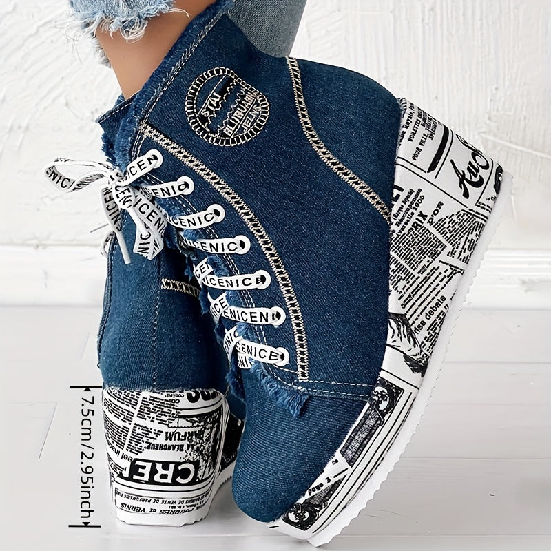 Women's Denim Platform Lace Up Wedge Shoes