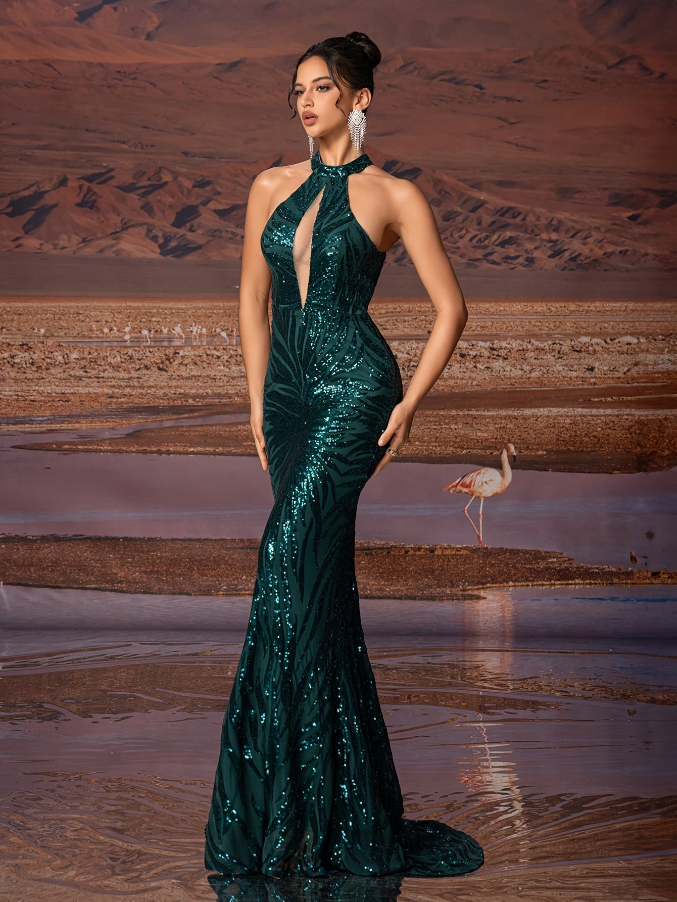 Elegant Sequin Sleeveless, Slim-Fit with High Neckline Floor-Length Maxi Dress