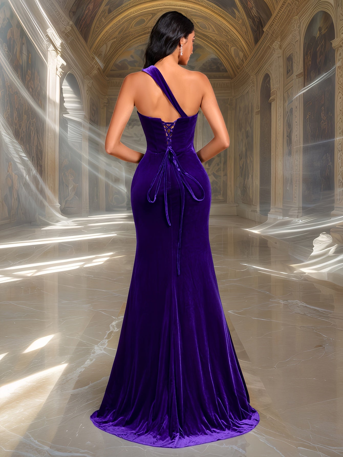 Velvet Solid Purple Elegant Long Evening Gown for Women