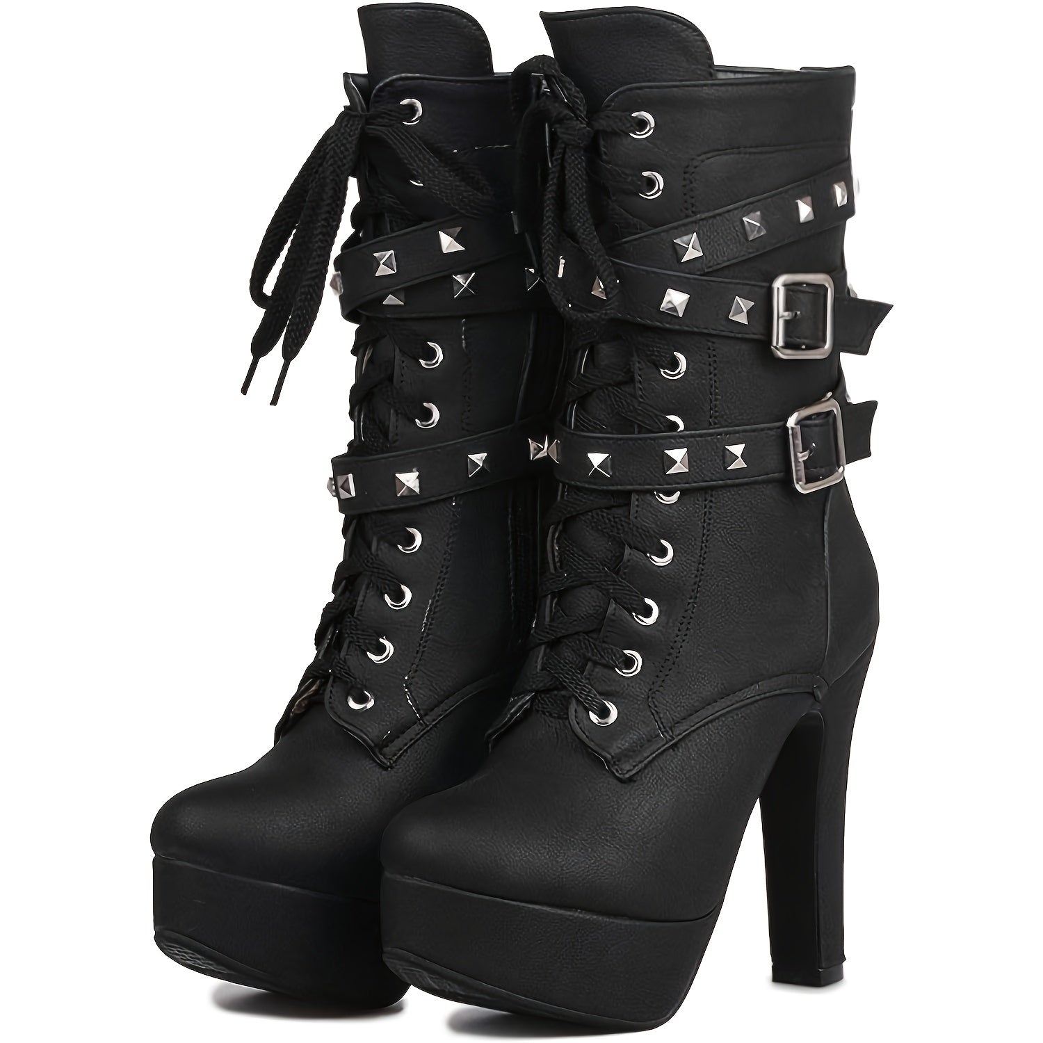 Sultry Mid-Calf Lace-Up, High Heel Platform Boots