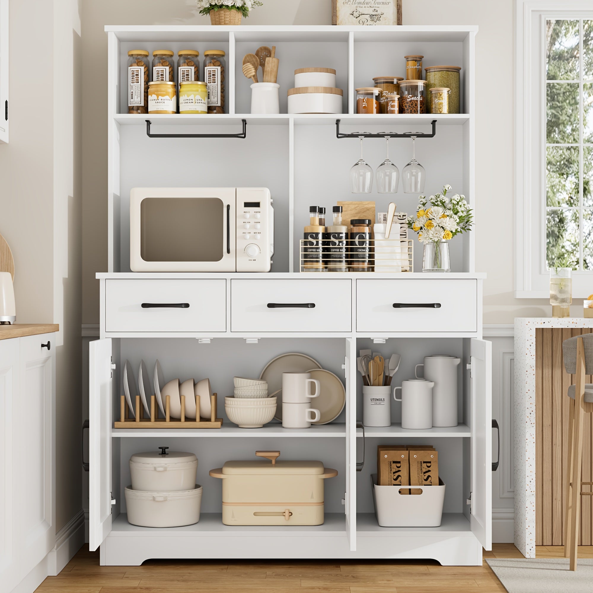 Farmhouse White Kitchen Storage Hutch with Coffee Bar Includes 6 Shelves & Drawers