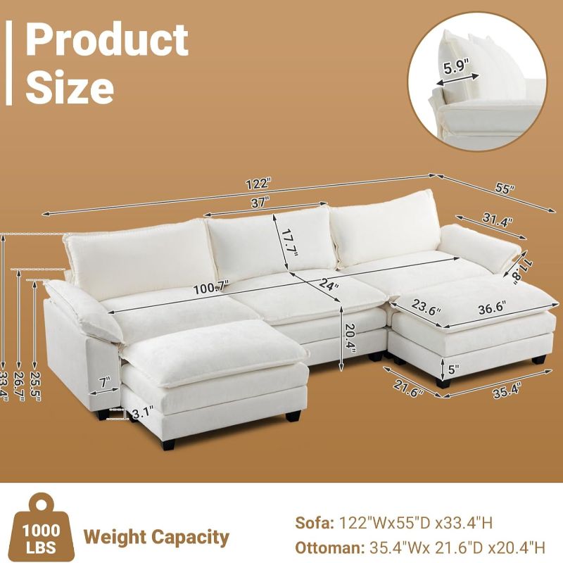 VINGLI Double-Layer Deep Convertible L-Shape Sectional Sofa with Movable Ottoman