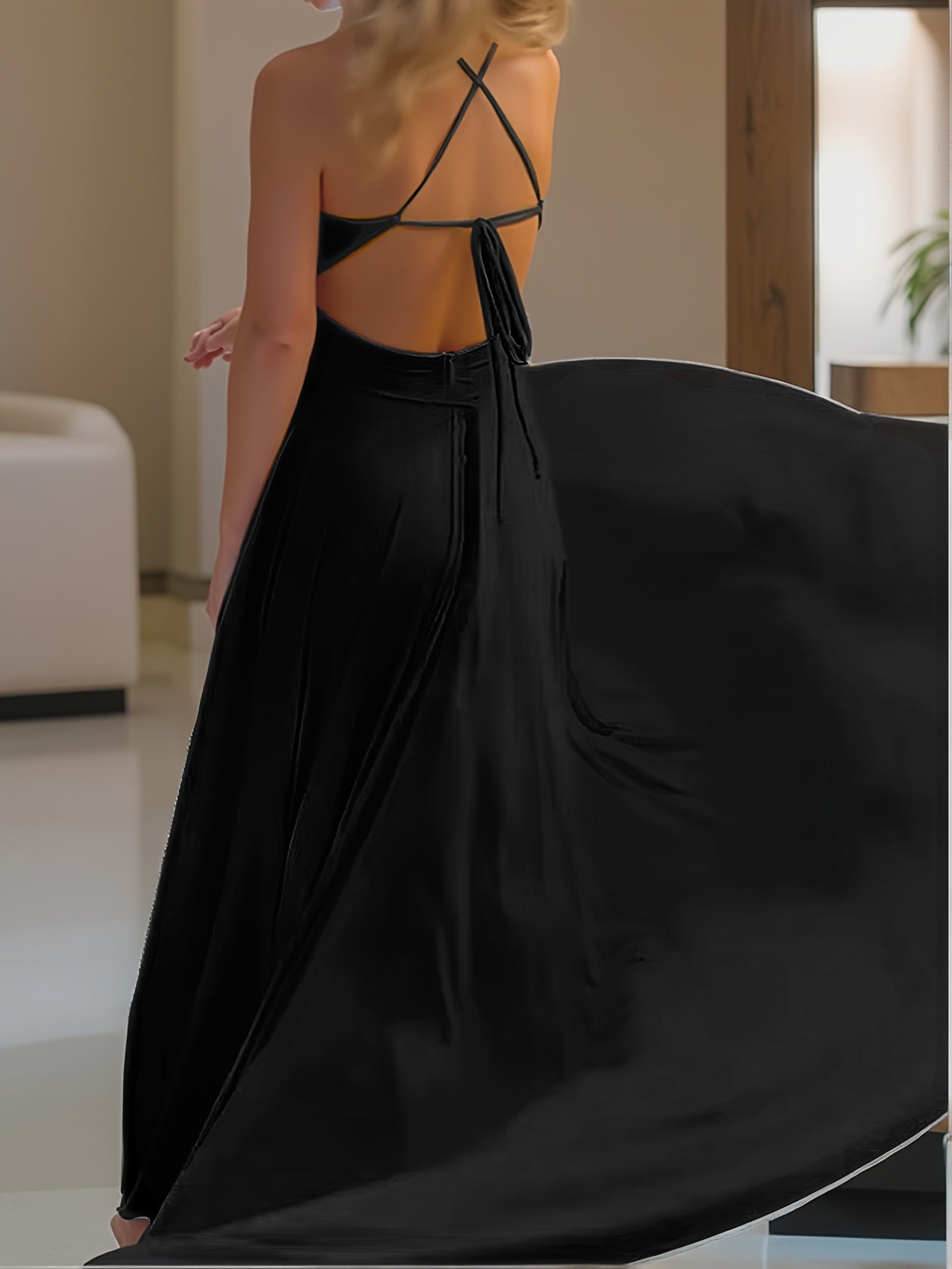 Elegant Backless V-Neck Black Maxi Dress, Sleeveless Tent Silhouette with Side Slit