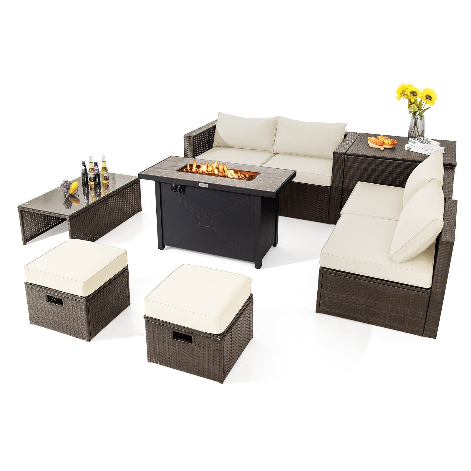 9-Piece Outdoor Patio Furniture Set with 42 Inch Propane Fire Pit Table