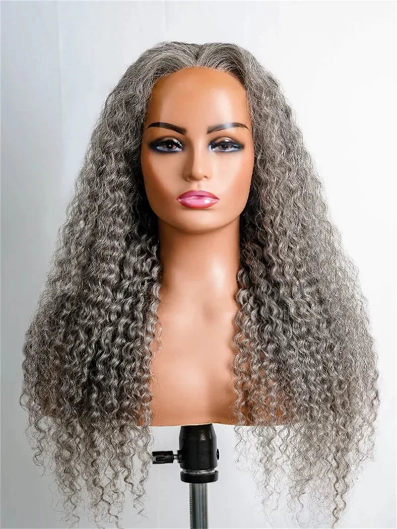 13x4 HD Transparent Pepper Gray Beginner Friendly Deep Wave Lace Front Wigs 250 Density Curly Glueless Wig 100% Human Hair Wig