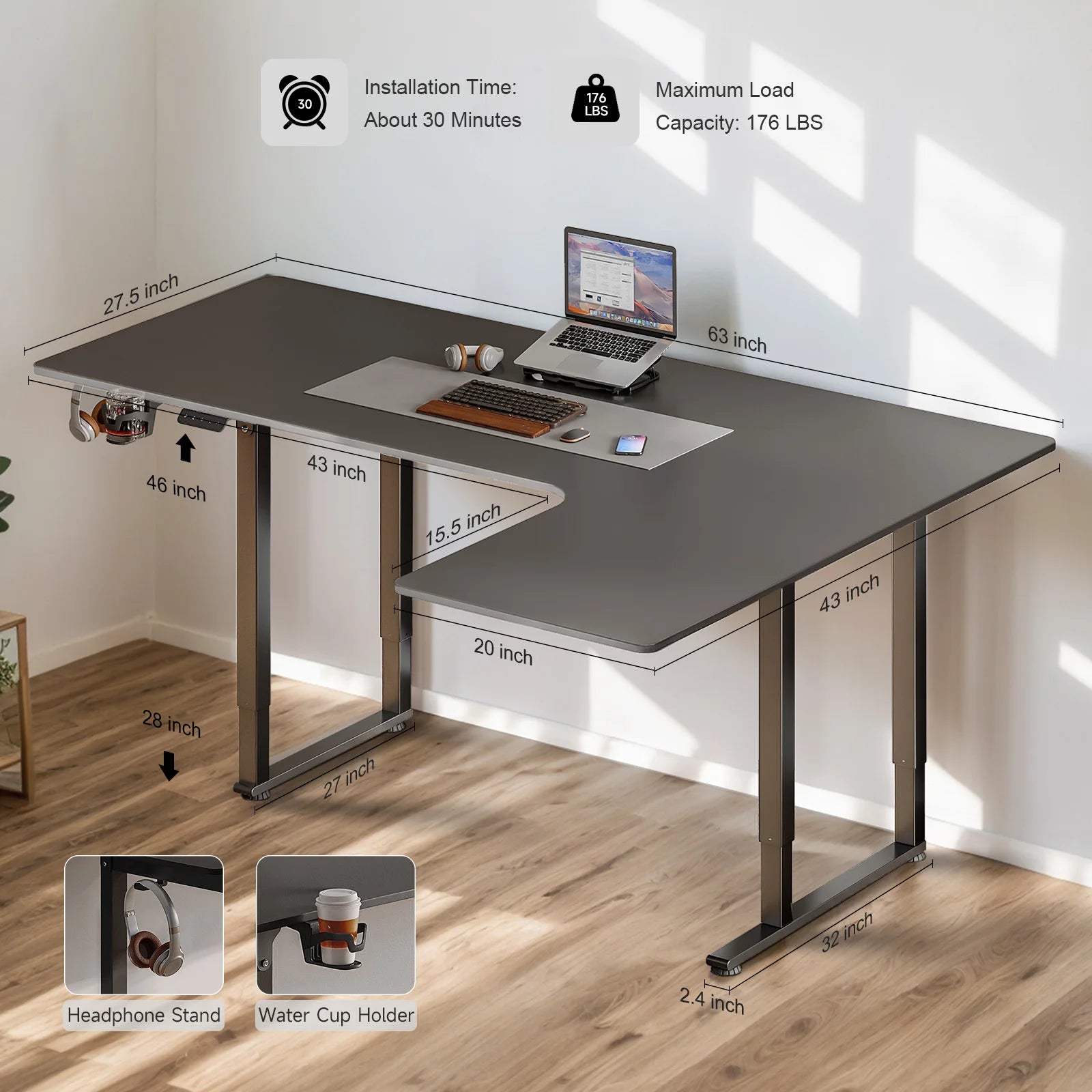 63/71 x 43 Inch L Shaped Desk with 4 Legs, Dual Motor & Memory Controller,Electric, Adjustable Height