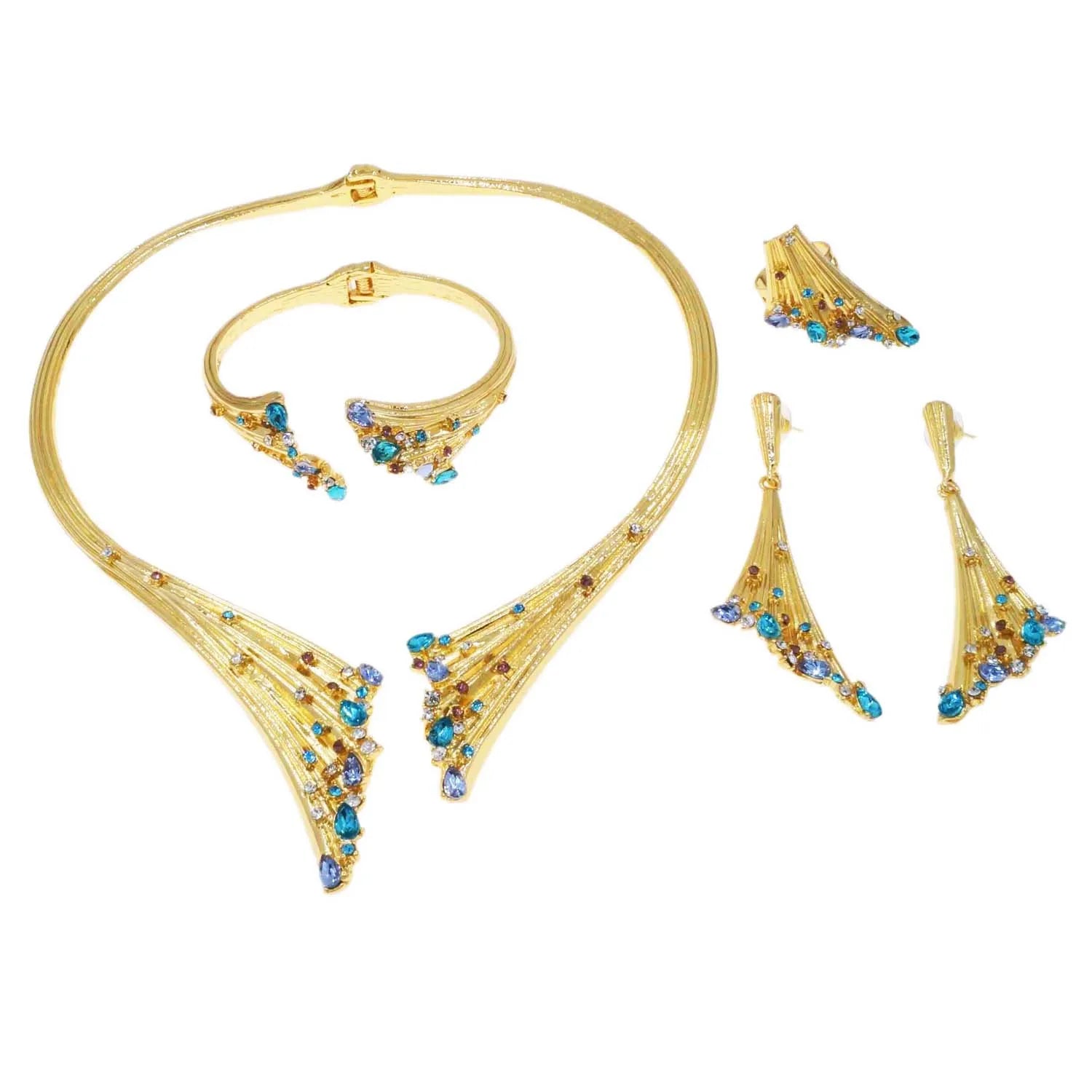 Gold Plated  Luxury Blue Stone Necklace, Bracelet, Ring Jewelry Set