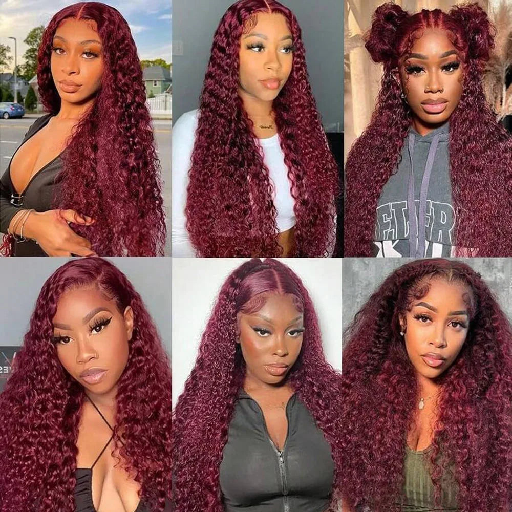 250% Density 99J 13x4 HD Lace Front Human Hair Wigs Burgundy 34Inch Deep Wave Peruvian Curly Glueless Lace Frontal Closure Wigs