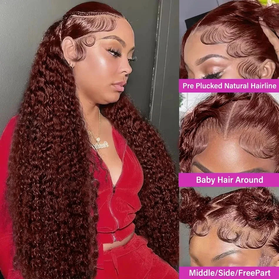 YKB Reddish Brown Curly 13x6 HD Lace Frontal Wig Human Hair Deep Wave Lace Front Wigs Red Colored 30 Inch Brazilian 220 Density