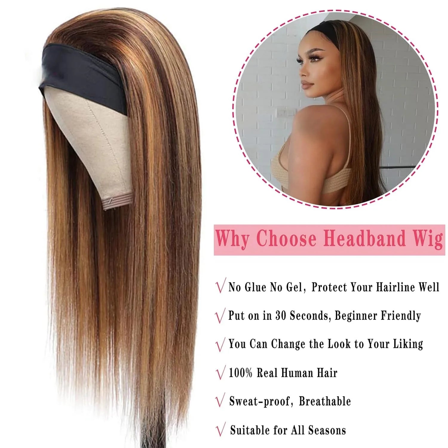 4/27 Highlight Ombre Headband Wig Human Hair Straight Glueless None Lace Wigs for Women 150% Density Brazilian Virgin Hair