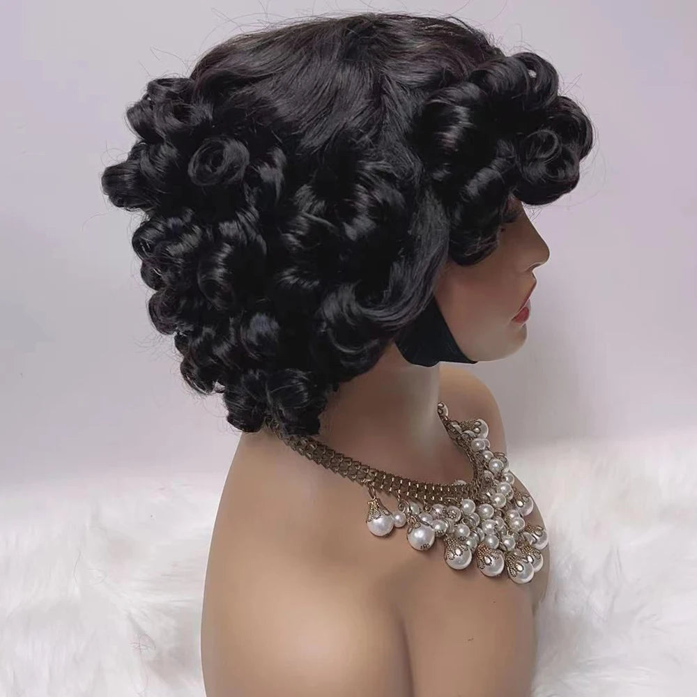 250% Density Fumi Curly Bob Wig Human Hair Bouncy Pixie Cut Full Machine Made Wig with Bangs for Women
