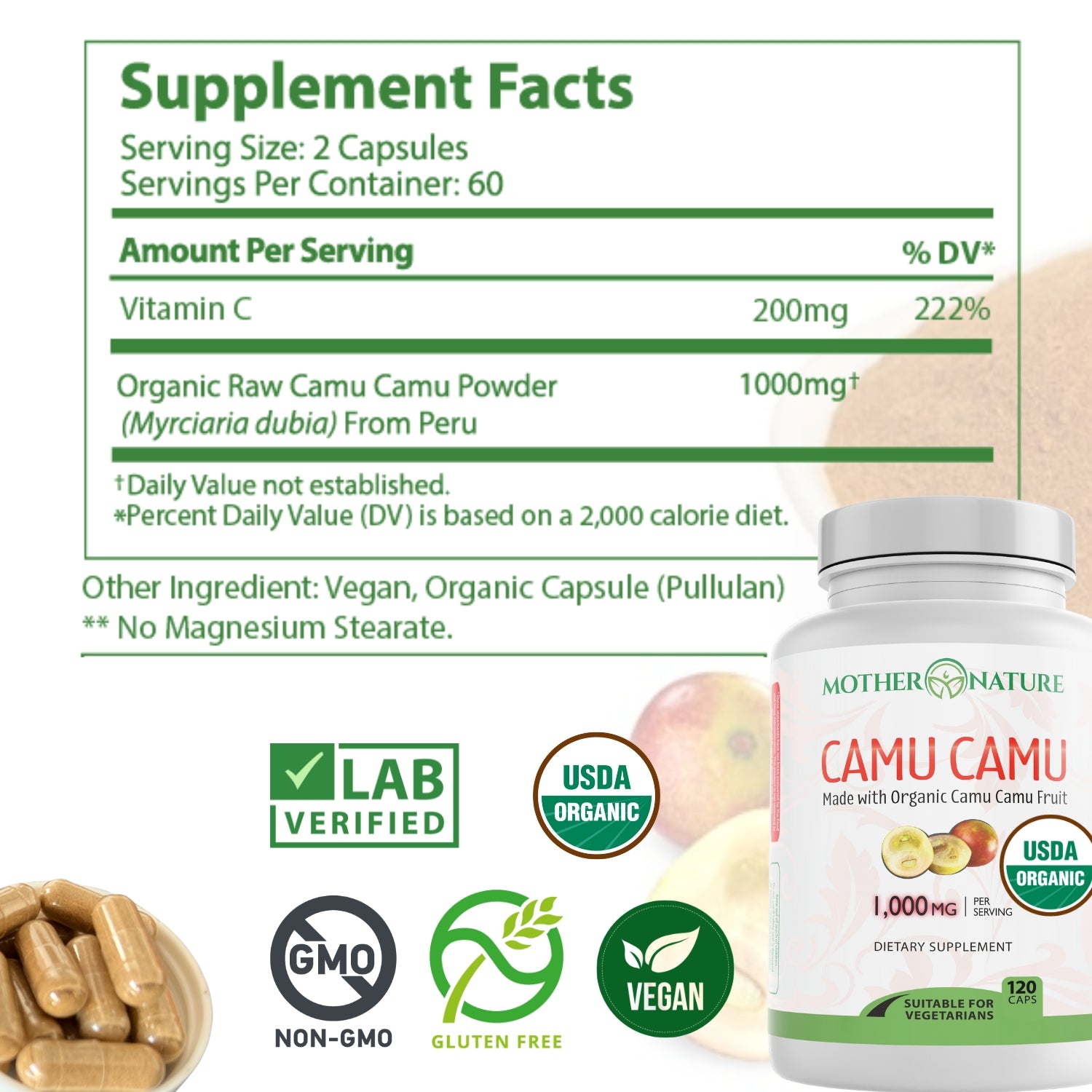 Camu Camu Berry Vitamin C Capsules by Mother Nature Organics - Nellie's Way Beauty, Inc.