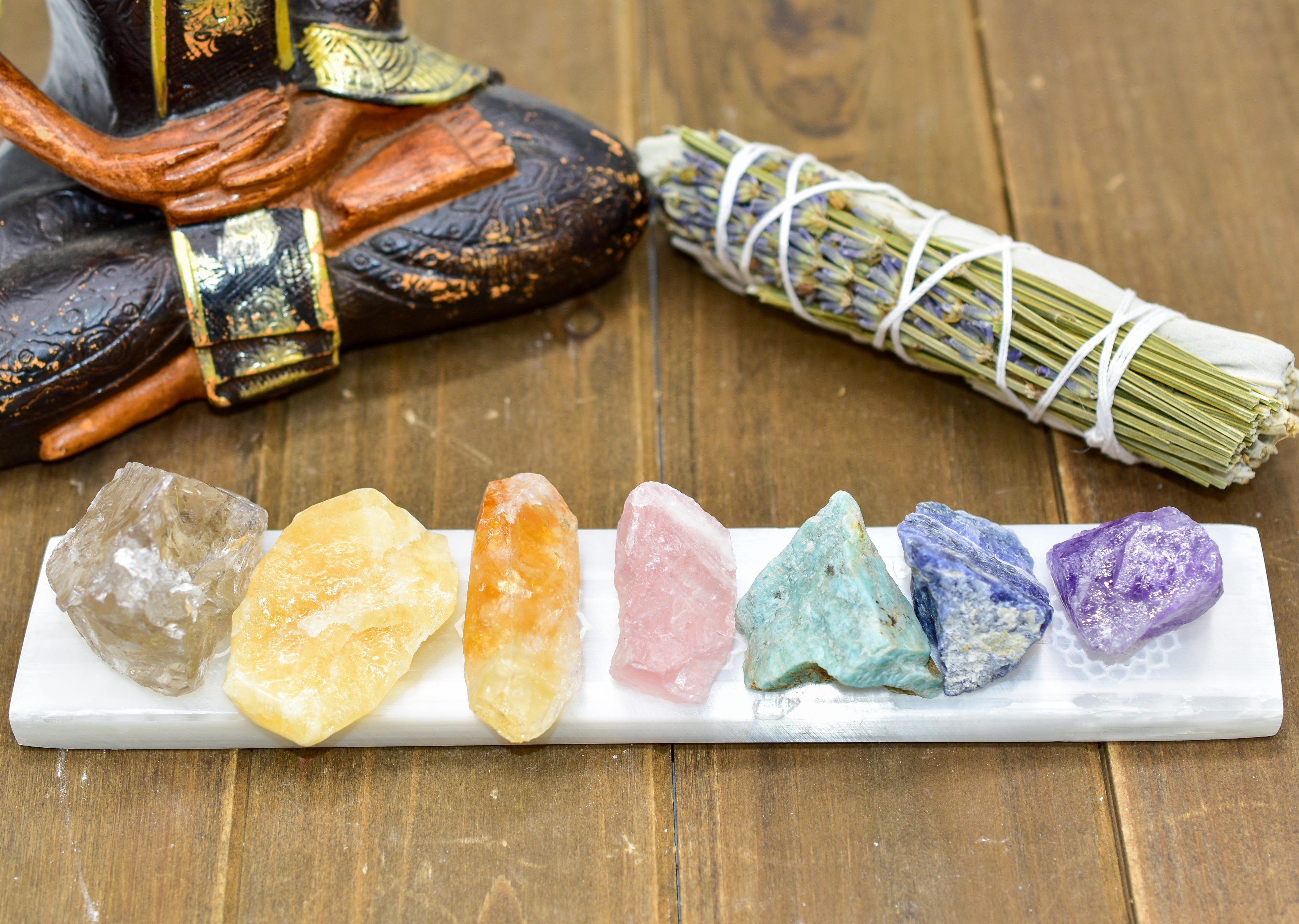 7 Chakra Engraved Selenite Polished Charging Bar by Whyte Quartz