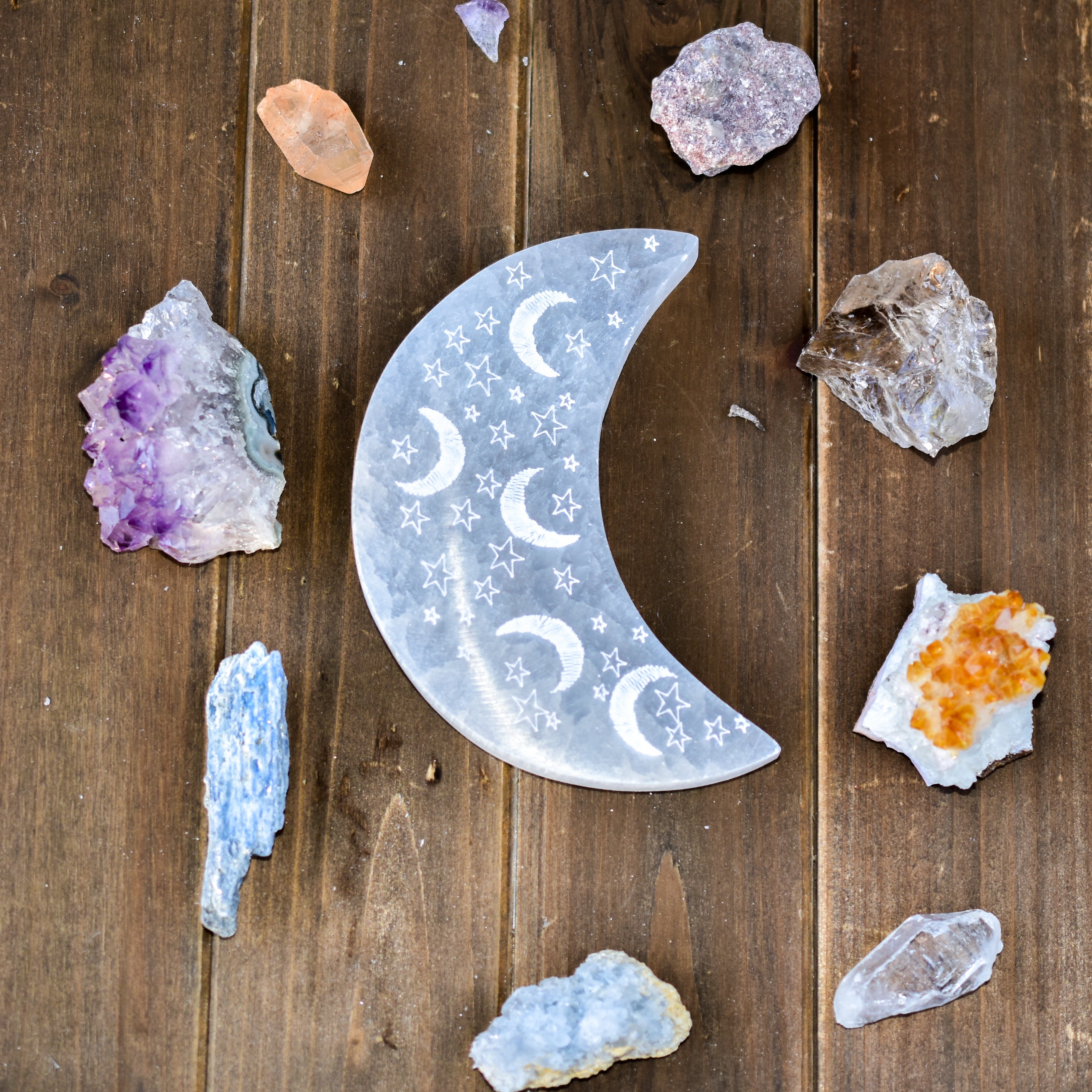 Celestial Engraved Crescent Moon Selenite Plate by Whyte Quartz