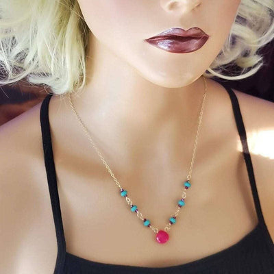 Gold Filled Pink Chalcedony Turquoise Gemstone Drop Necklace by Alexa Martha Designs