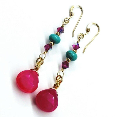 Gold Filled Wire Wrapped Pink And Turquoise Gemstone Earrings by Alexa Martha Designs
