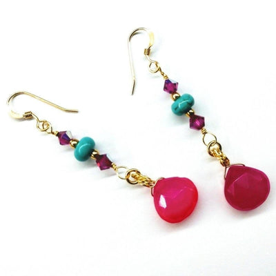 Gold Filled Wire Wrapped Pink And Turquoise Gemstone Earrings by Alexa Martha Designs