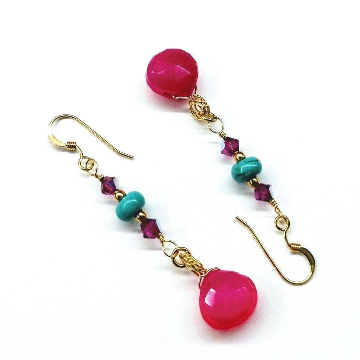 Gold Filled Wire Wrapped Pink And Turquoise Gemstone Earrings by Alexa Martha Designs