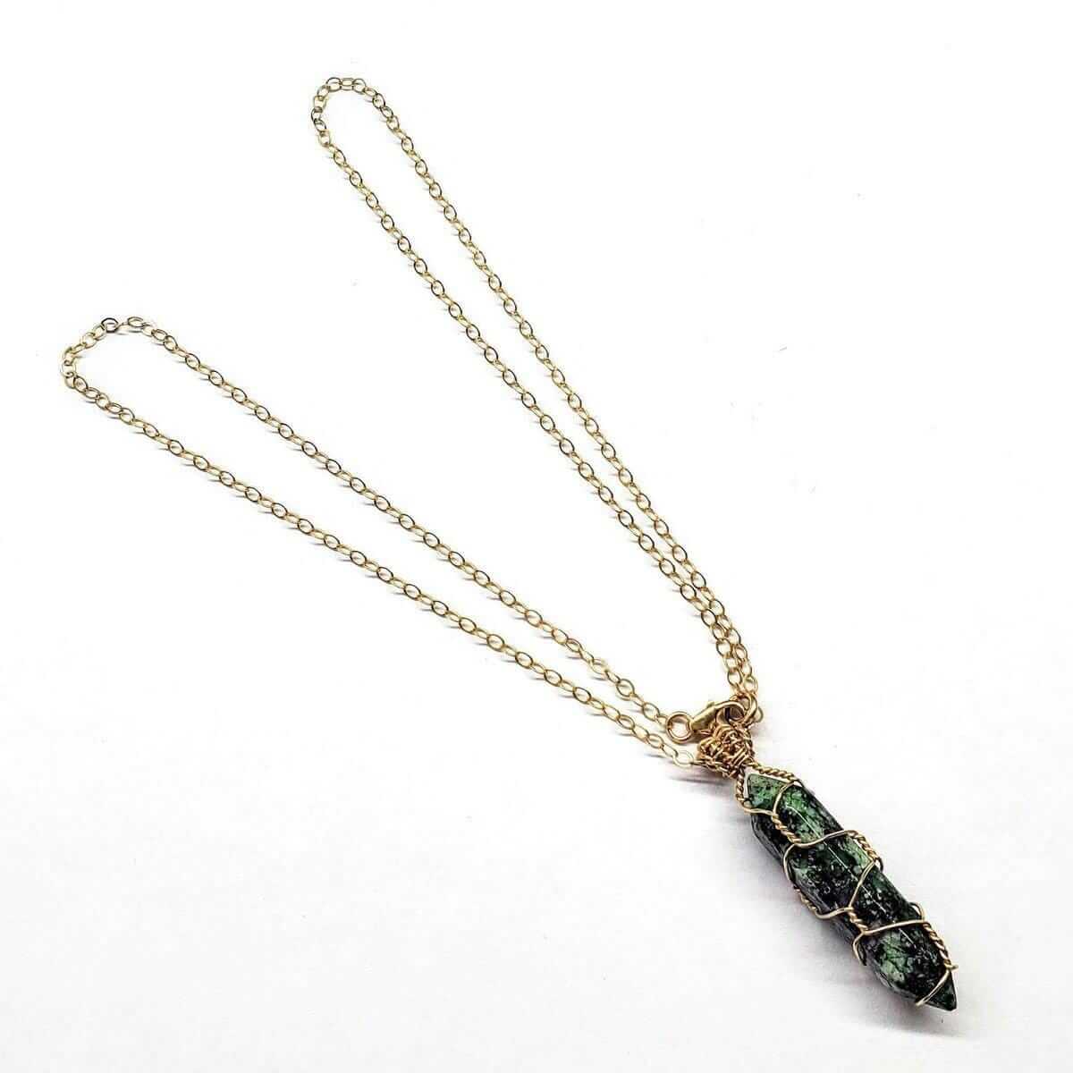 Gold Wire Caged in Ruby in Zoisite Pointed Crystal Necklace