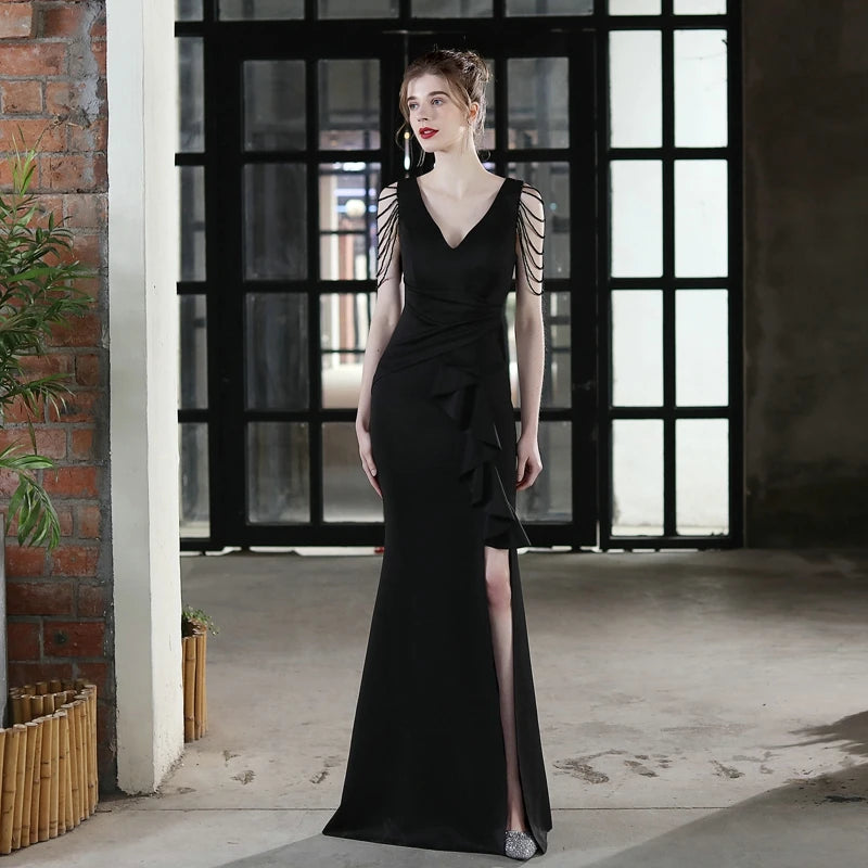 YIDINGZS Candy Color Sexy Slit Party Maxi Dress Women Long Prom Dress Pink Soft Satin V Neck Beading Evening Dress 18698