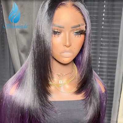 Ombre Purple Color 13*6 Lace Front Wig Peruvian Remy Human Hair Glueless Wigs for Women Pre-Plucked Hairline, Baby Hair
