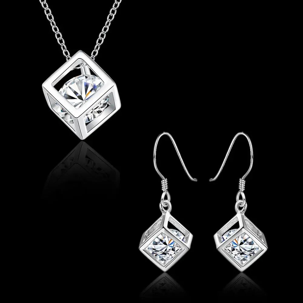 925 Sterling Silver Fine Jewelry Sets Zirconia Square Cube Necklace+Earrings Jewlery Set For Women Gift