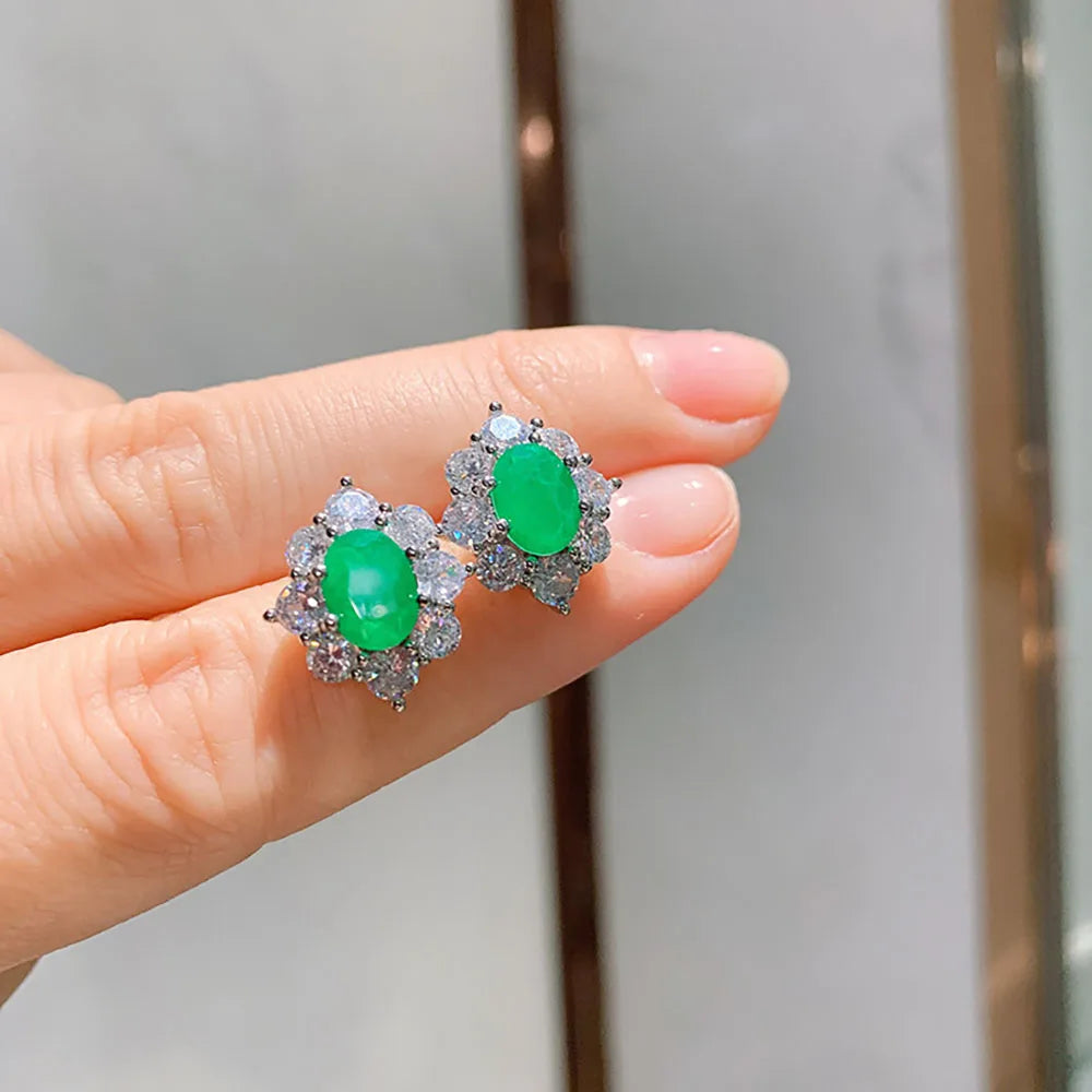 Luxury Emerald Turquoise Gemstone Stud Earrings/Ring/Necklace Wedding Engagement Fine Jewelry Sets Anniversary Gifts For Women