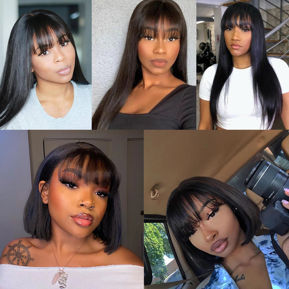 Straight Human Hair Glueless  Wig With Bangs