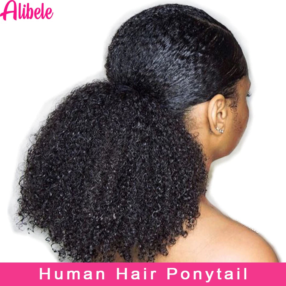 Alibele Mongolian Human Hair Afro Kinky Curly Drawstring Ponytail Clip-In
