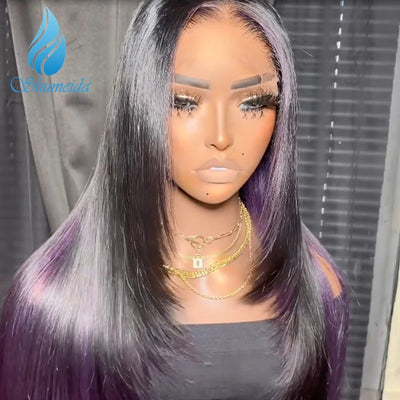 Ombre Purple Color 13*6 Lace Front Wig Peruvian Remy Human Hair Glueless Wigs for Women Pre-Plucked Hairline, Baby Hair