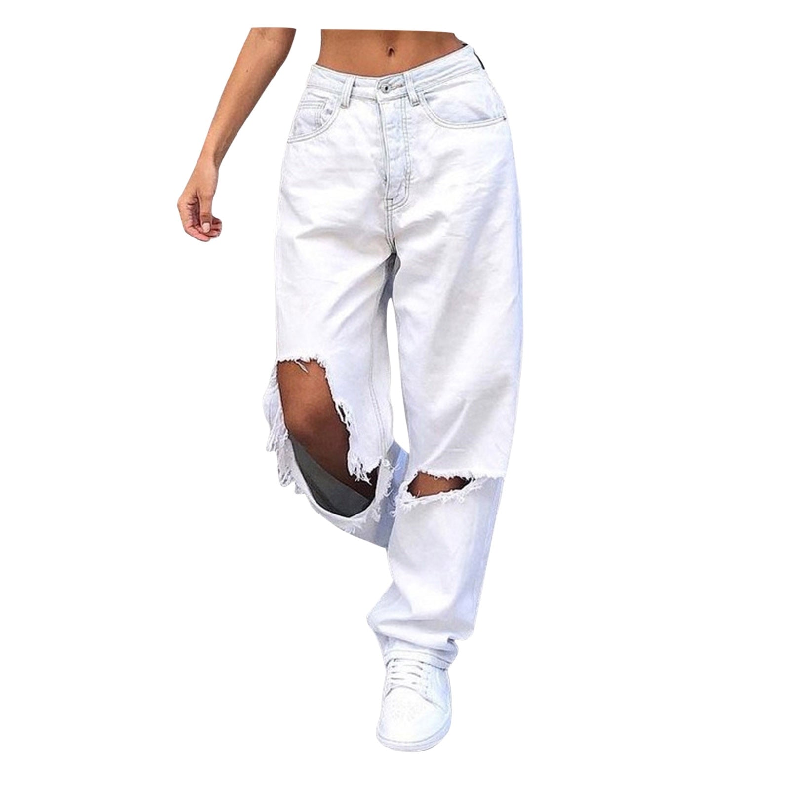 High Waist Women Jeans Retro Women Wide Leg Pants Streetwear Holes Ripped