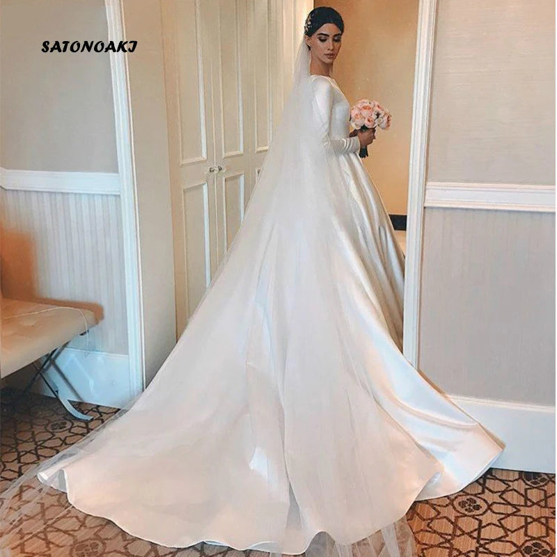 Simple Vintage White Ivory Satin Wedding Dress  Long Sleeves Princesa Bridal Gown Robe Mariée - Custom