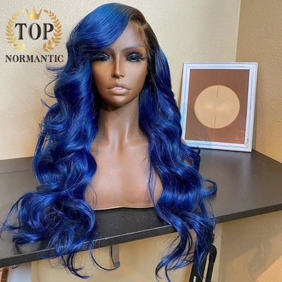 Ombre Blue Color Brazilian Body Wave Human Hair Wigs with Baby Hair