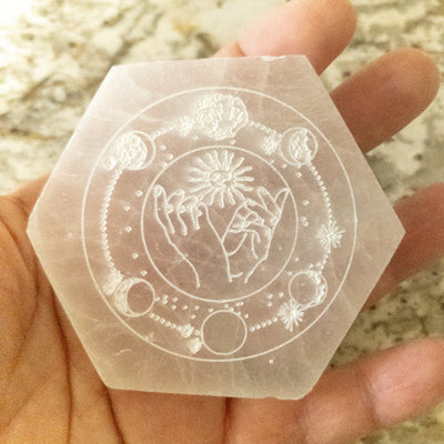 NEW Celestial Engraved Selenite Hexagon Plate by Whyte Quartz
