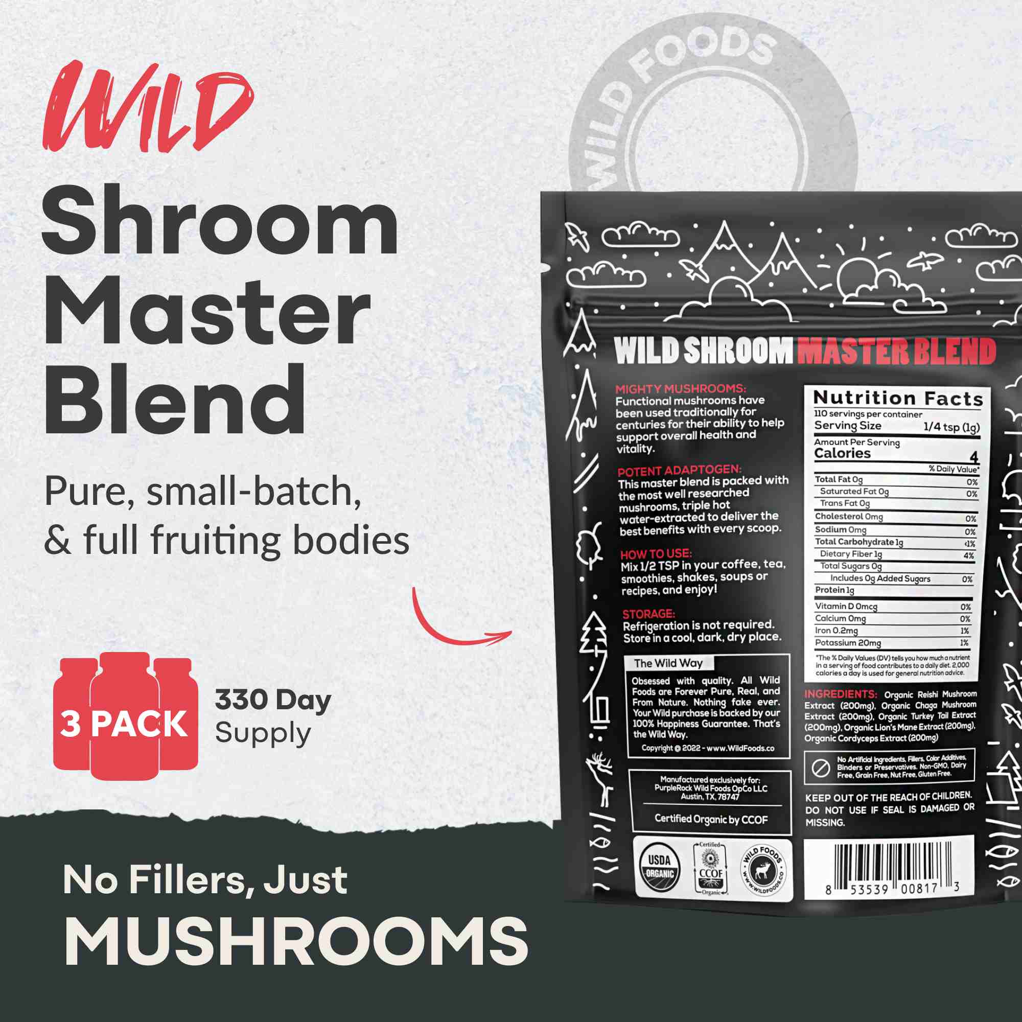 Master Mushrooms Blend, 110 servings – Immune Boosting Adaptogenic Mushrooms by Wild Foods