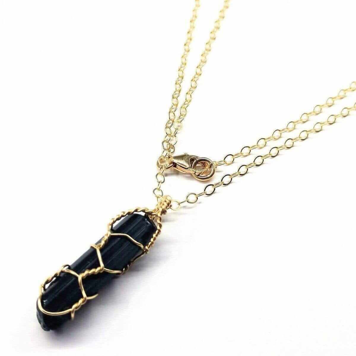 14 K Gold Filled Wire Wrapped Raw Black Tourmaline Necklace