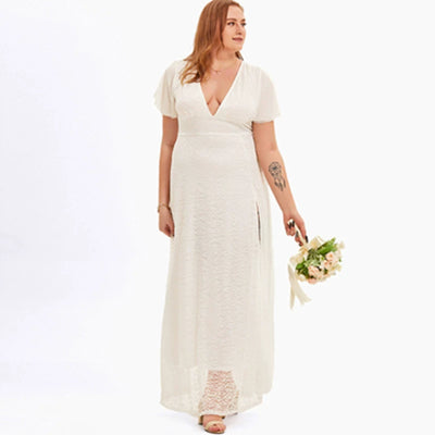 Elegant Deep V-Neck Dress, White